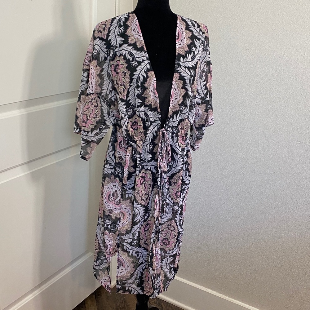 Coverup Pink Boho Paisely Floral Cardigan Kimono Open Front 3/4 Sleeve Cape